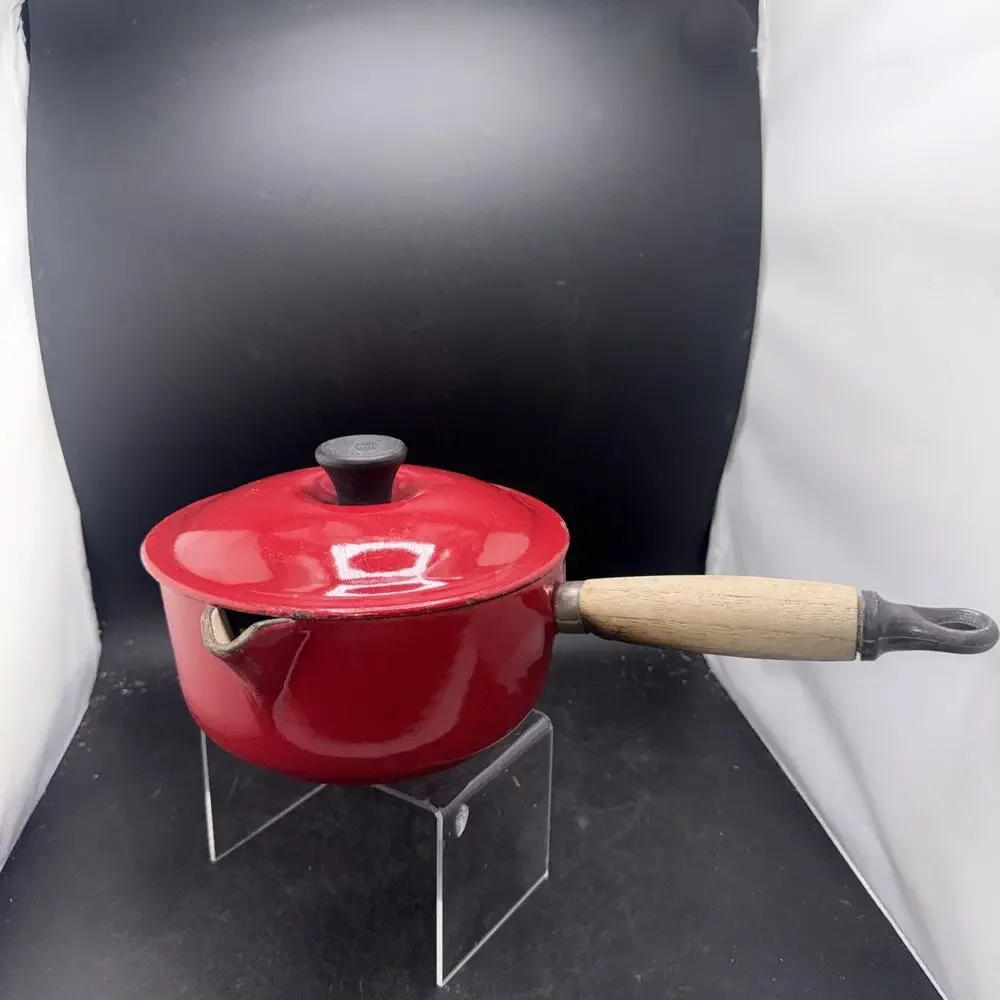 Le Creuset #16 Red Enameled Cast Iron Saucepan w Lid Wood Handle France
